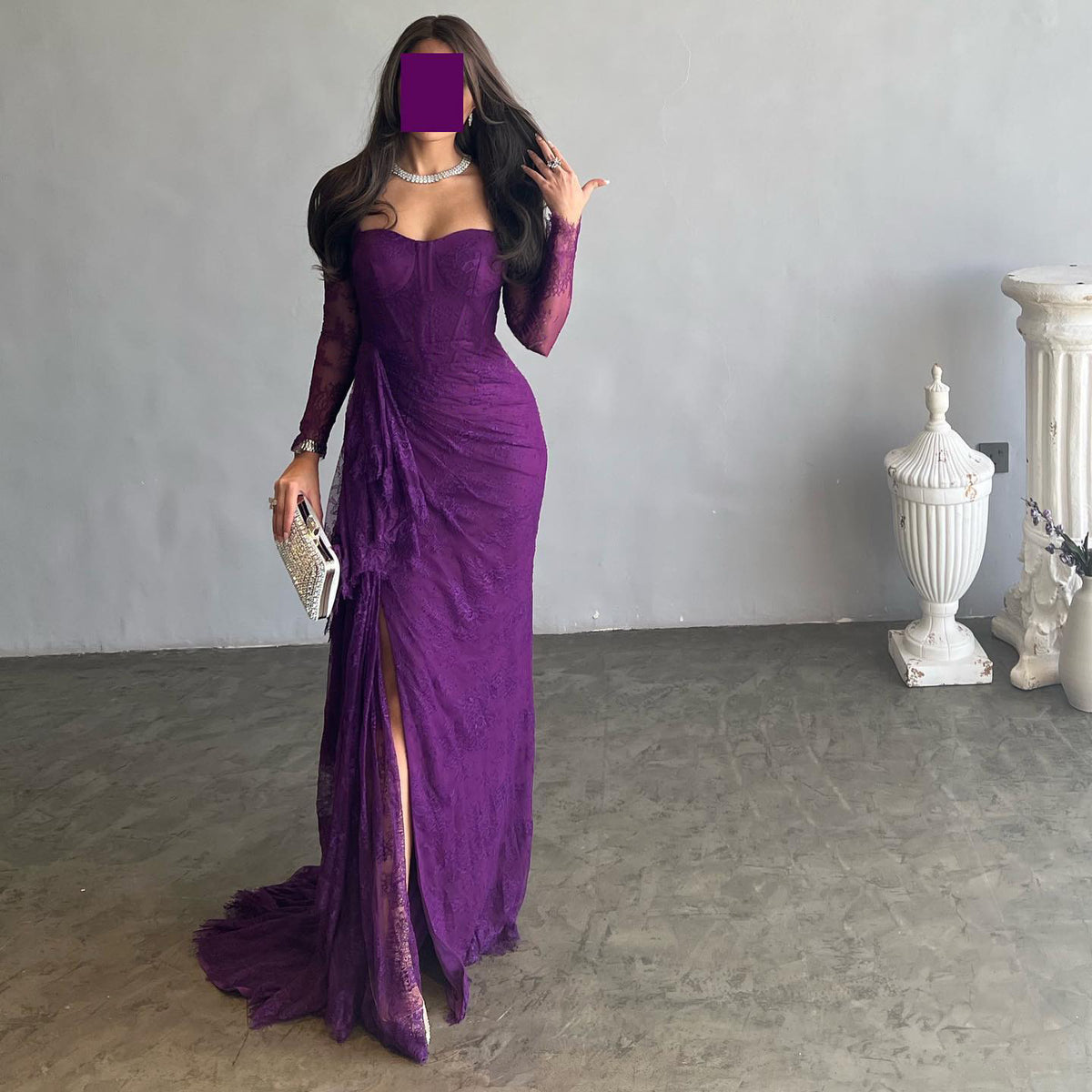 Elegant Purple Lace Long Sleeve Evening Dress SF075