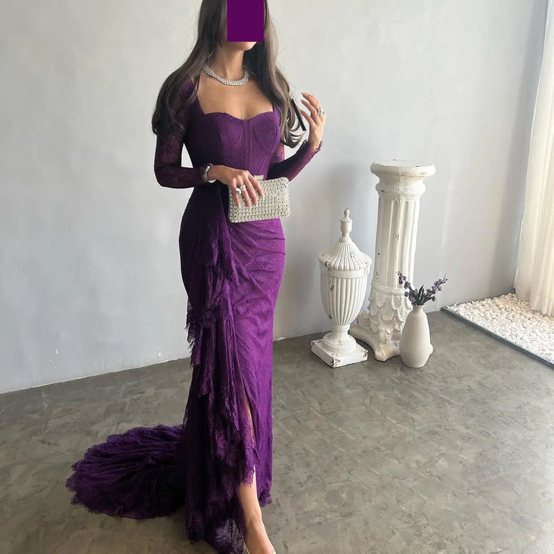 Elegant Purple Lace Long Sleeve Evening Dress SF075 