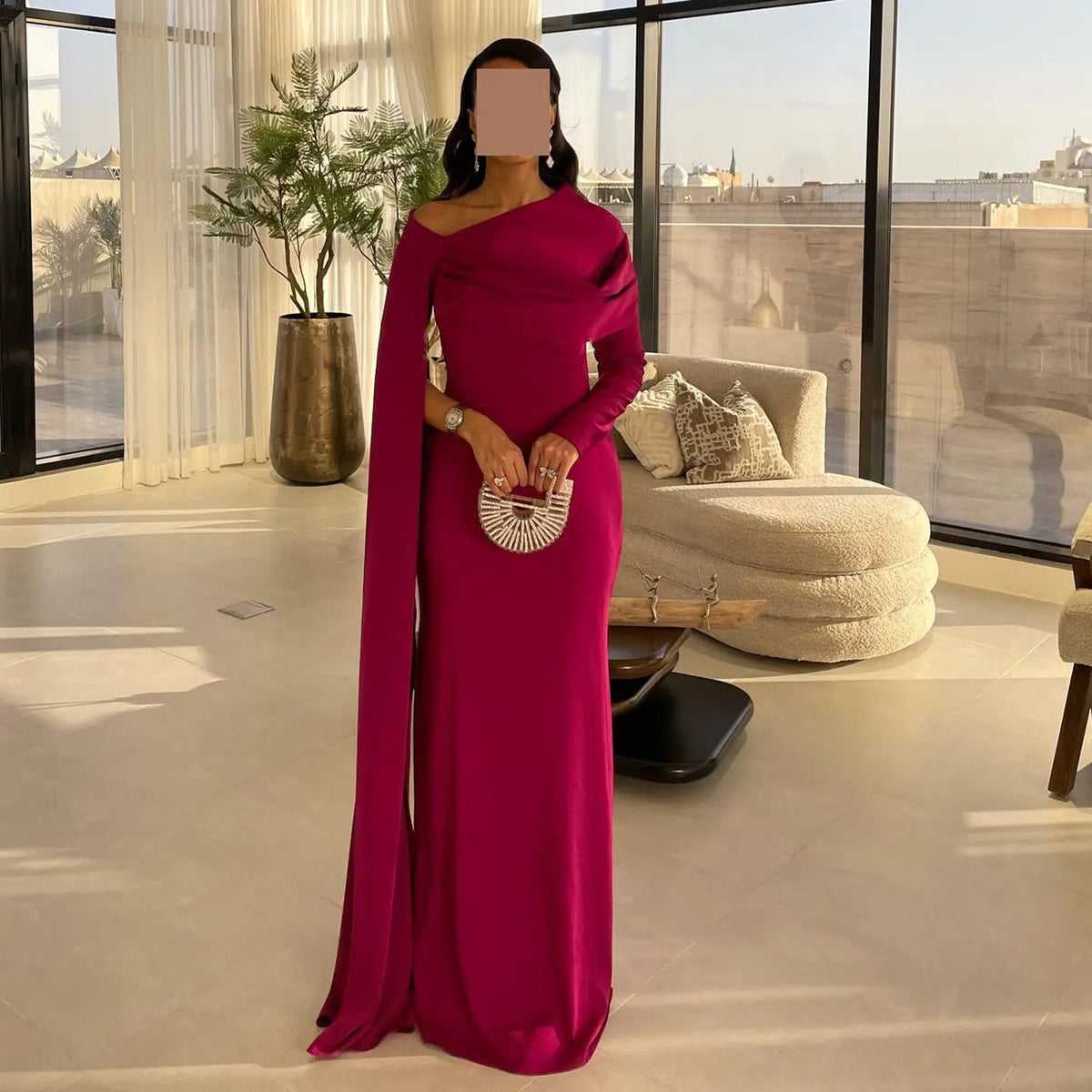 Elegant Fuchsia One Shoulder Evening Dress with Cape SF074 Elegant Fuchsia One Shoulder Evening Dress with Cape SF074