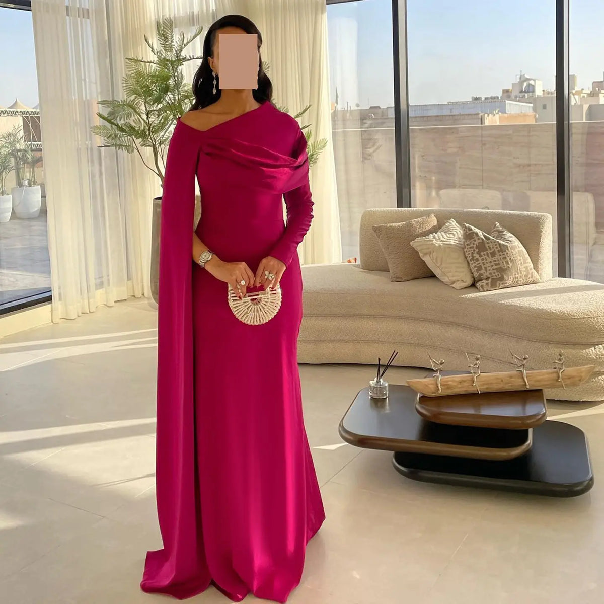 Elegant Fuchsia One Shoulder Evening Dress with Cape SF074 Elegant Fuchsia One Shoulder Evening Dress with Cape SF074