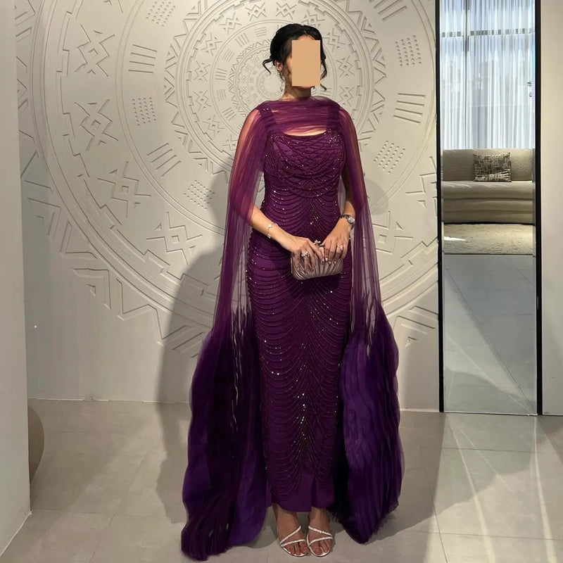 Luxury Beading Purple Evening Dress with Cape Sleeves SS280 