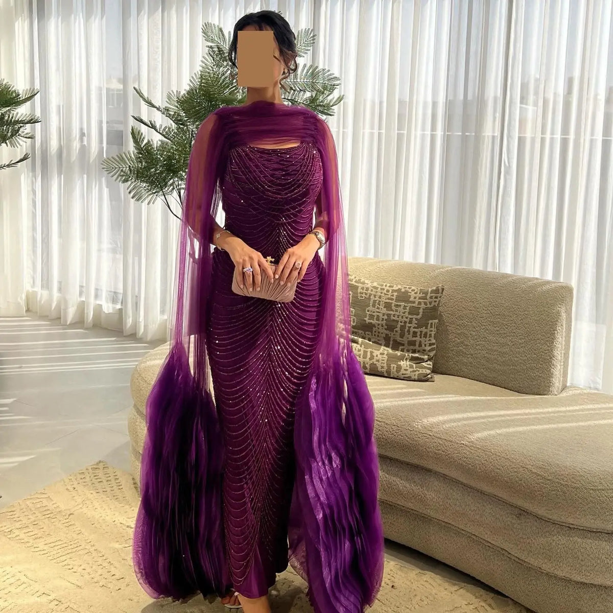 Luxury Beading Purple Evening Dress with Cape Sleeves SS280 