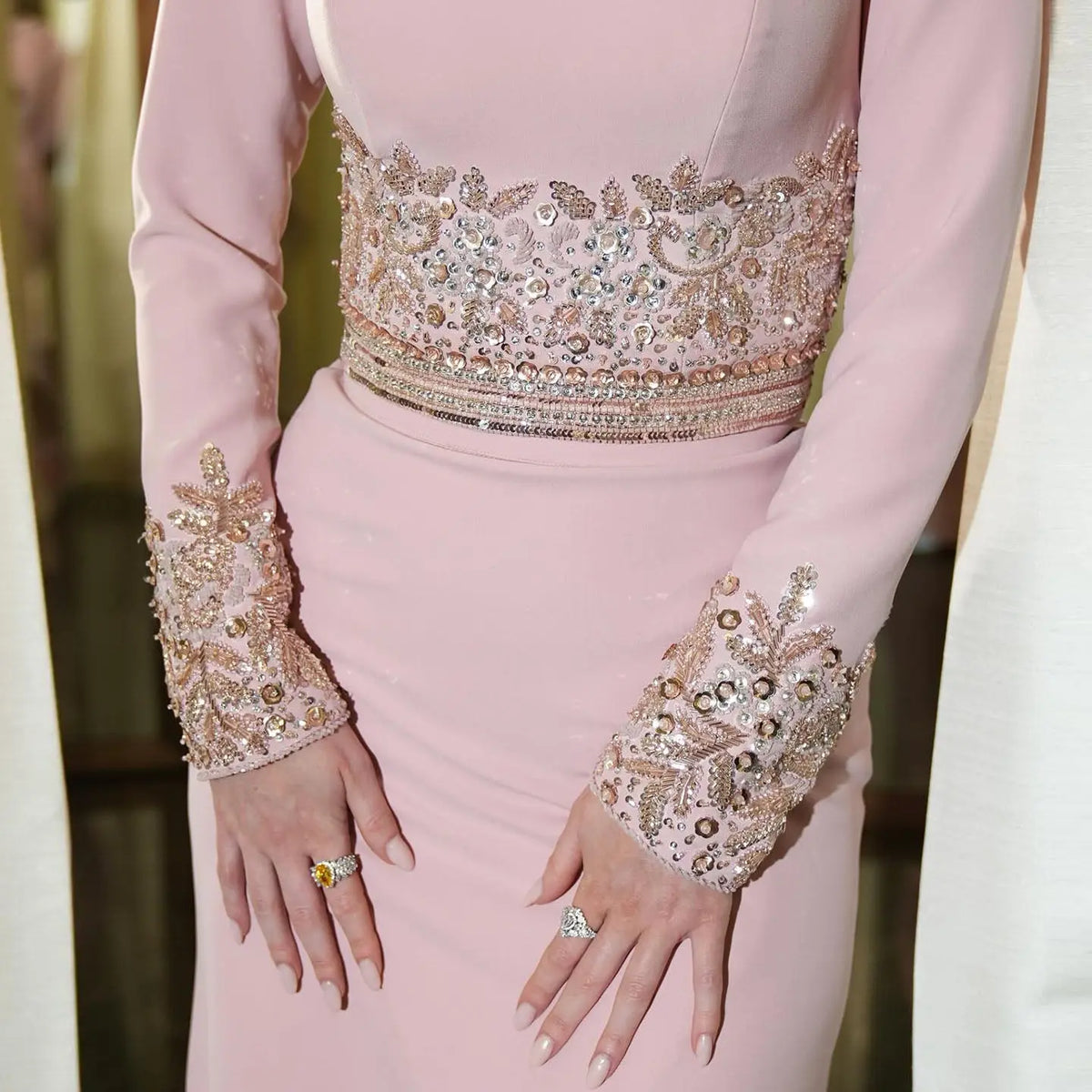 Luxury Pink Long Sleeve Beaded Waist Fitted Evening Dress SS525 