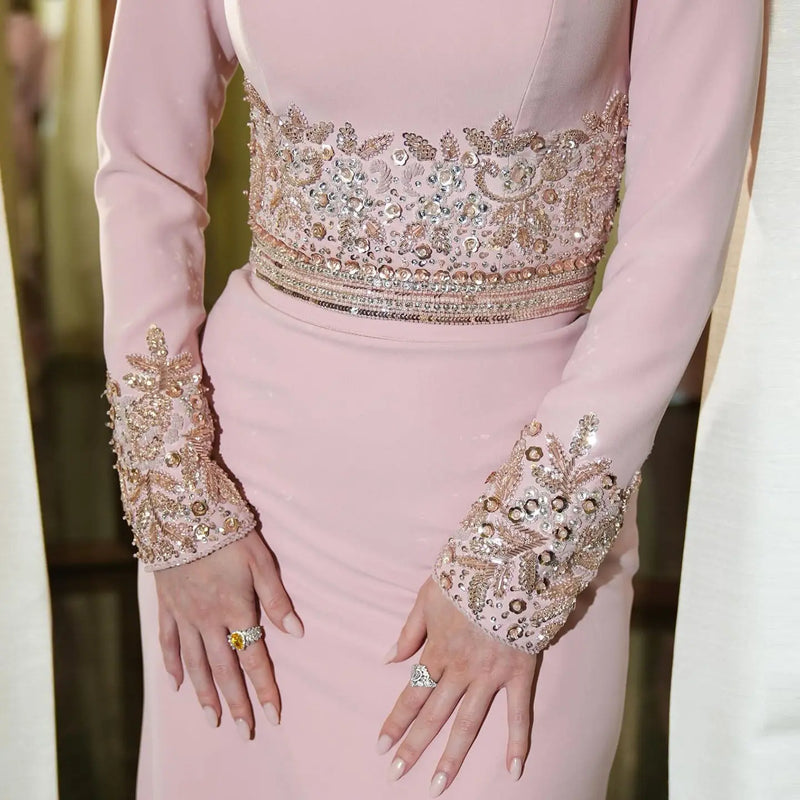 Luxury Pink Long Sleeve Beaded Waist Fitted Evening Dress SS525 