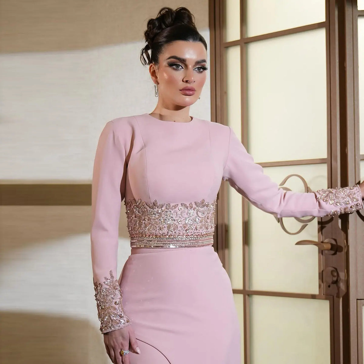 Luxury Pink Long Sleeve Beaded Waist Fitted Evening Dress SS525 