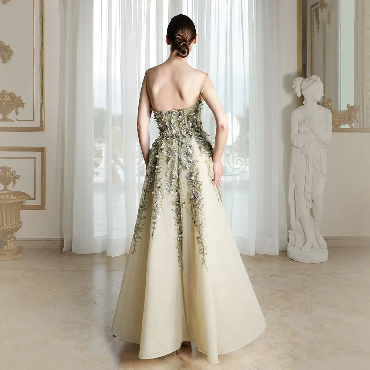 Final Sale Luxury Beige Evening Dress with 3D Floral Embroidery SS362 Final Sale Luxury Beige Evening Dress with 3D Floral Embroidery SS362