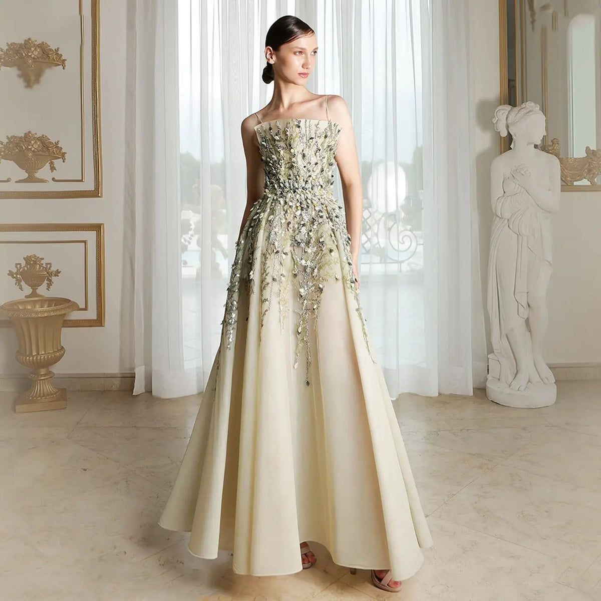 Final Sale Luxury Beige Evening Dress with 3D Floral Embroidery SS362 Final Sale Luxury Beige Evening Dress with 3D Floral Embroidery SS362