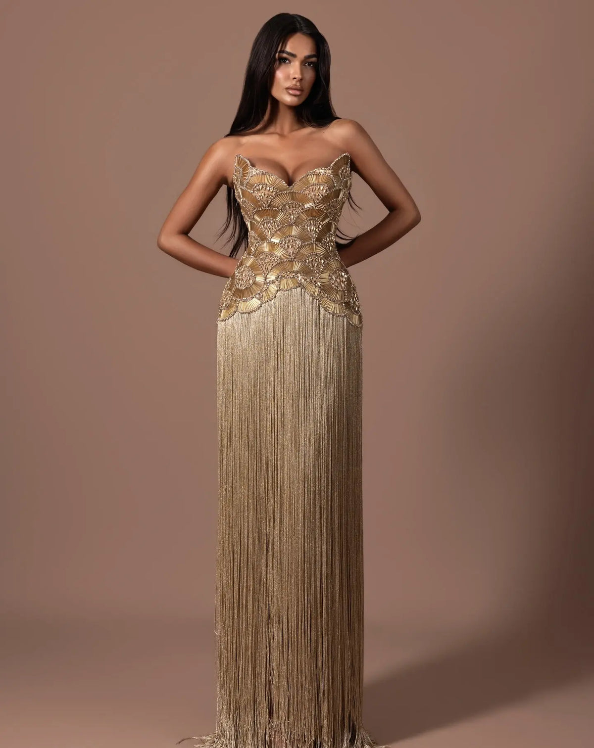 Metallic Gold Beaded Pleated Evening Dress SS336-5