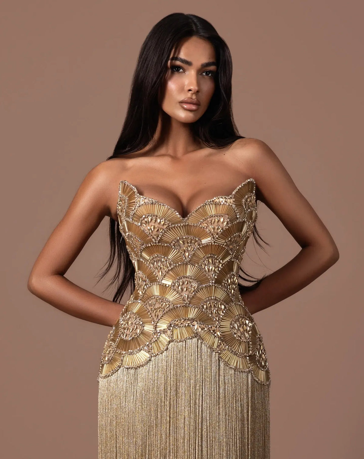 Metallic Gold Beaded Pleated Evening Dress SS336-6