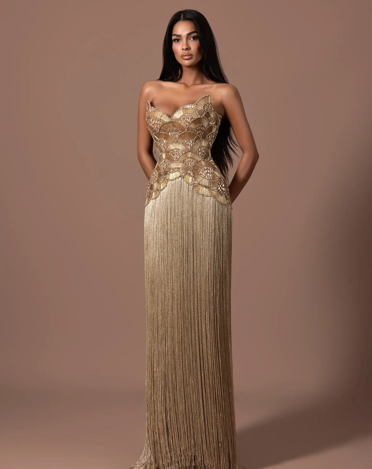 Metallic Gold Beaded Pleated Evening Dress SS336-4
