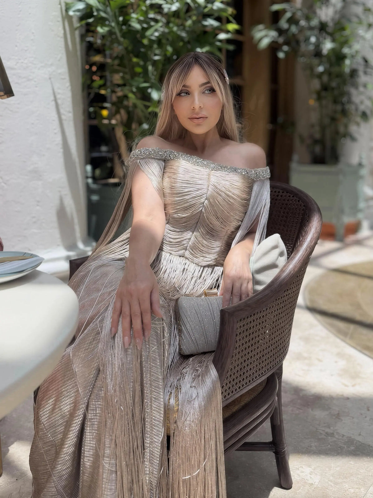 Sophisticated Gold Beaded Off-the-Shoulder Fringe Trim Evening Dress SS232