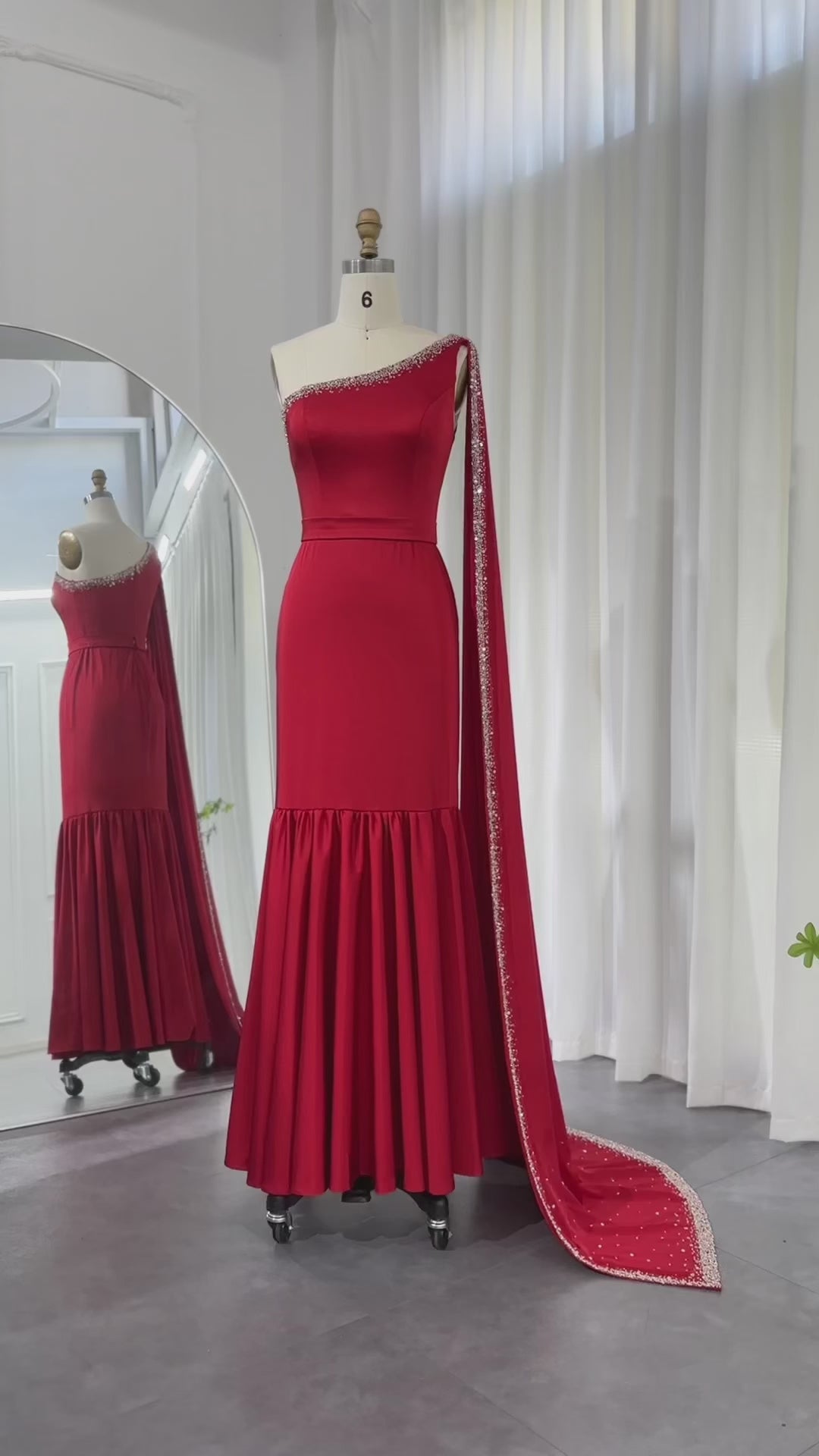 Red One-Shoulder Mermaid Evening Dress with Cape Sleeve SS384