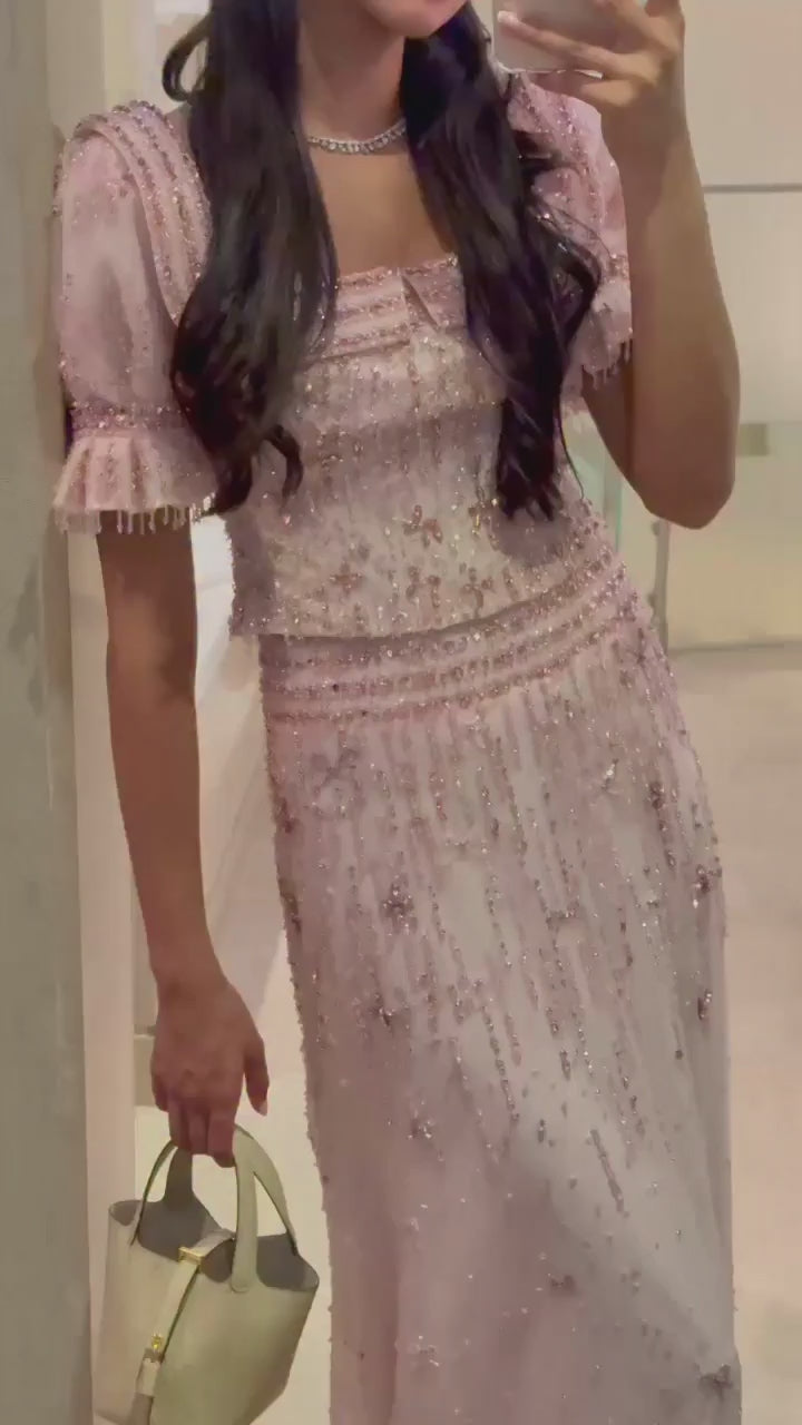 Pink Sequin Puff Sleeve Two Piece Evening Dress SS548-14