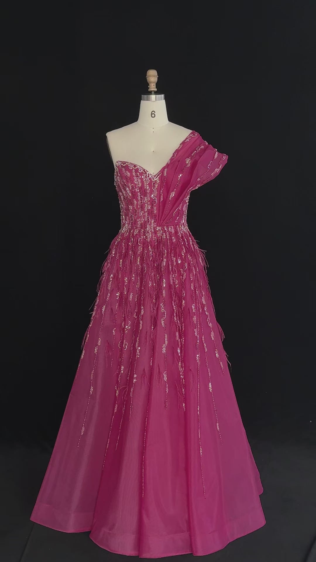 Fuchsia One Shoulder Feathers Sequins Evening Gown XD041-11