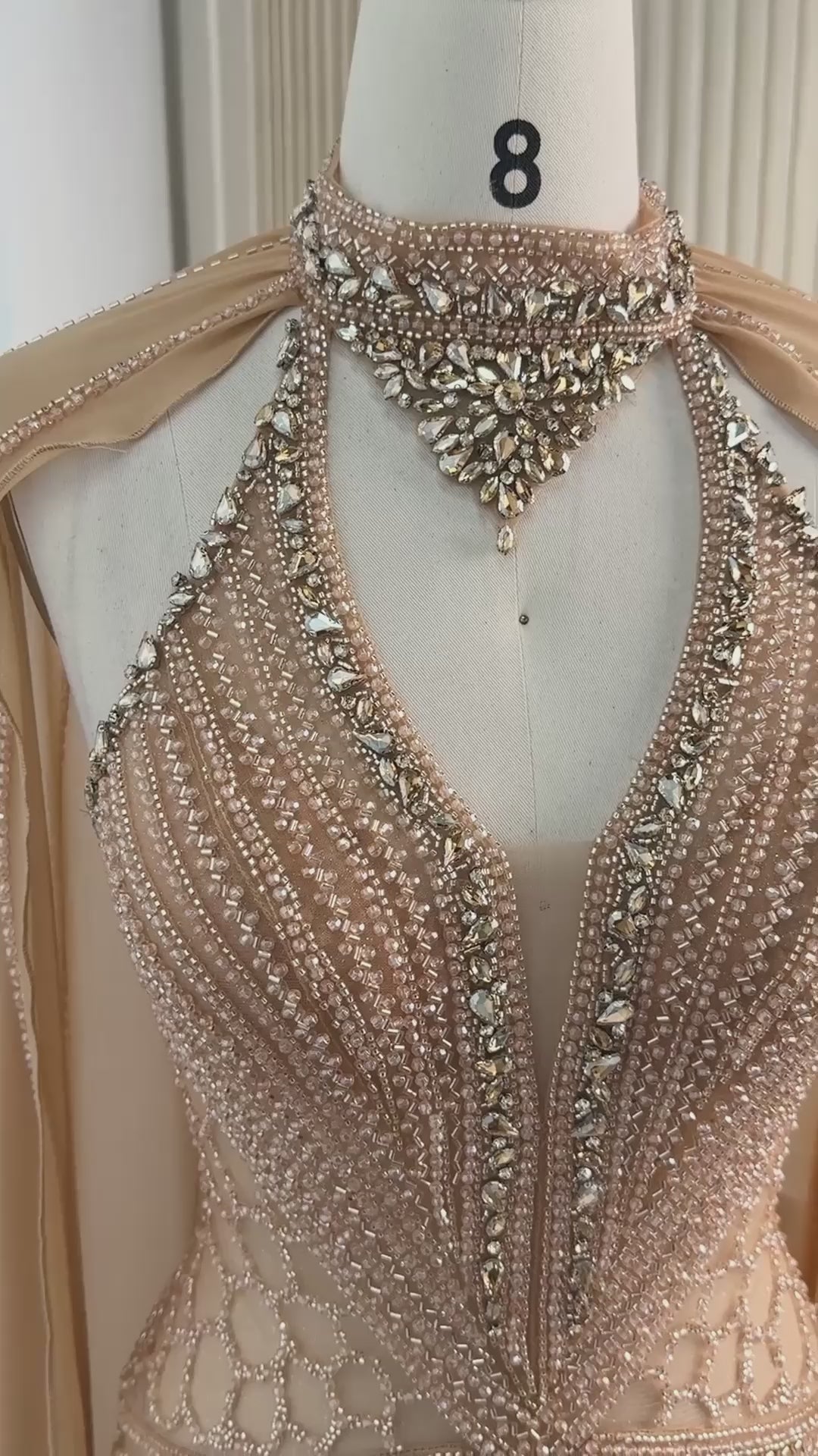 Champagne Beaded Cape Evening Dress SS049-13