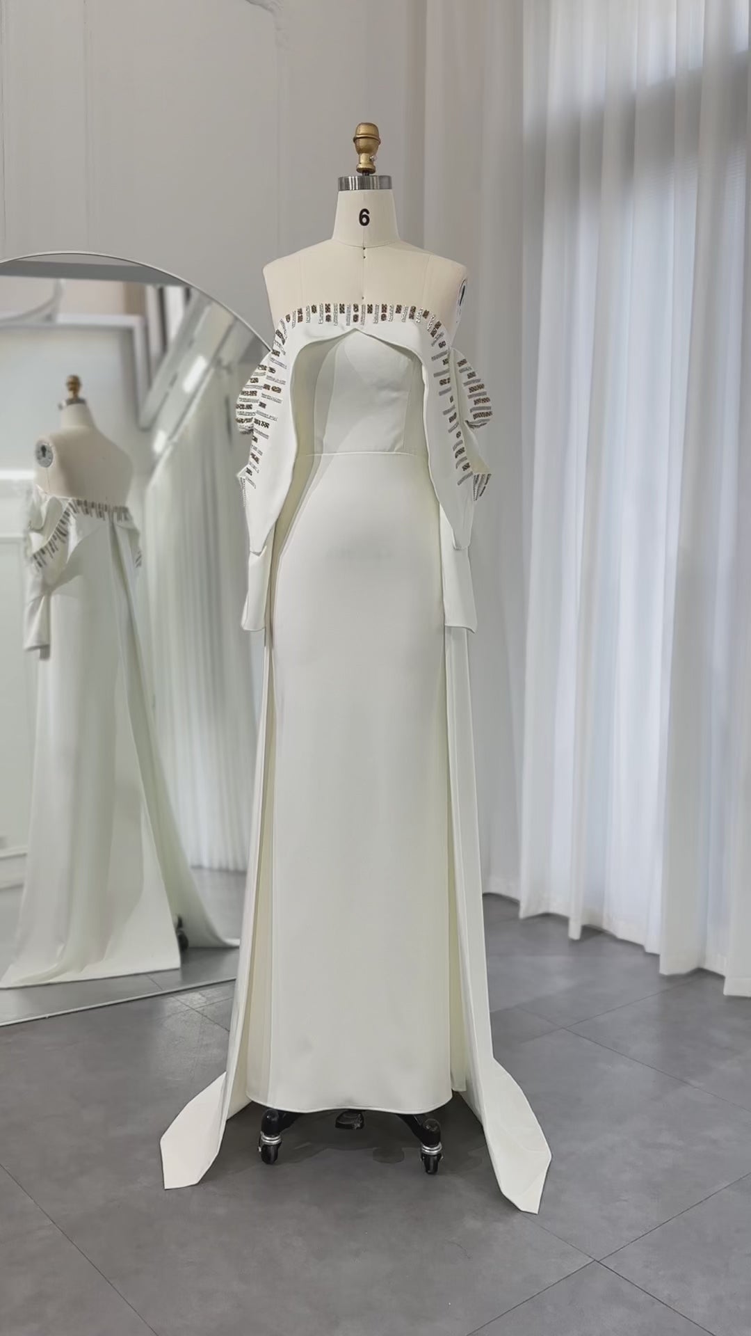 Elegant White Off Shoulder Long Sleeves Evening Dress with Cape SF008