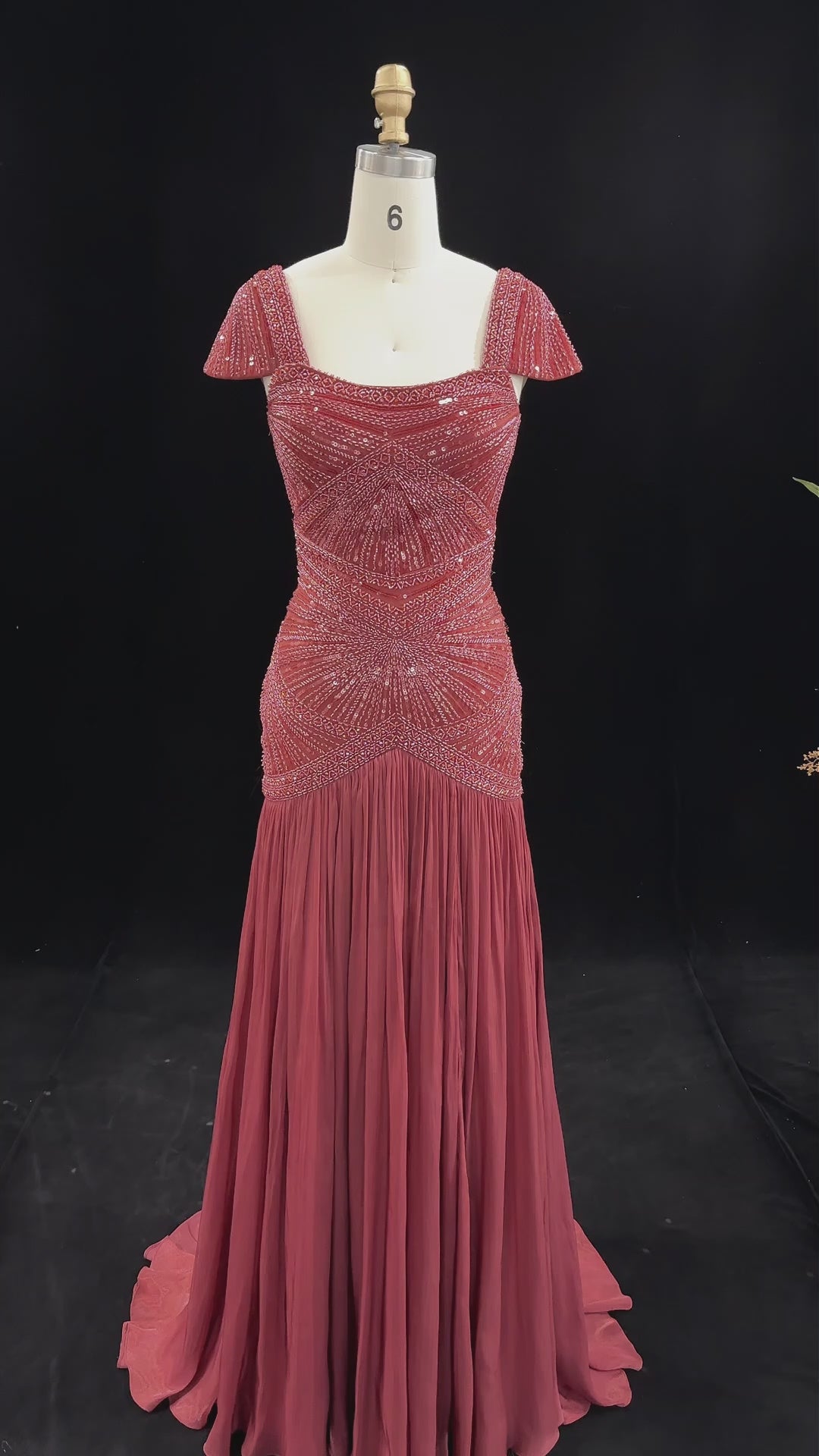 Rust Red Sequin Evening Gown Pleated Dress SS325-23