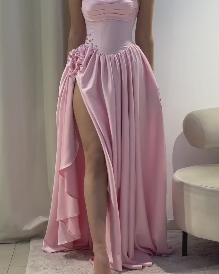 Pink Crystal Strapless High Slit Elegant Evening Dress SF522-5