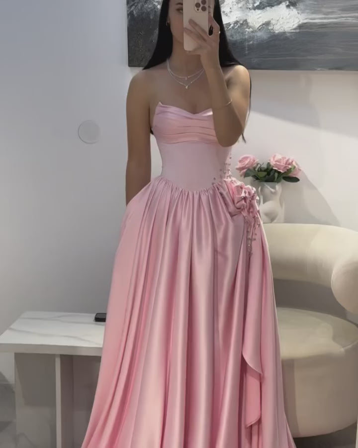Pink Crystal Strapless High Slit Elegant Evening Dress SF522-6