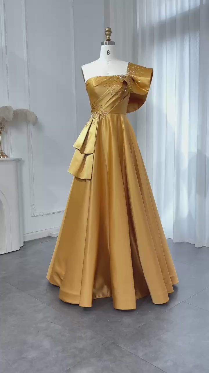 Elegant Gold One Shoulder Satin Evening Dress SS592-3