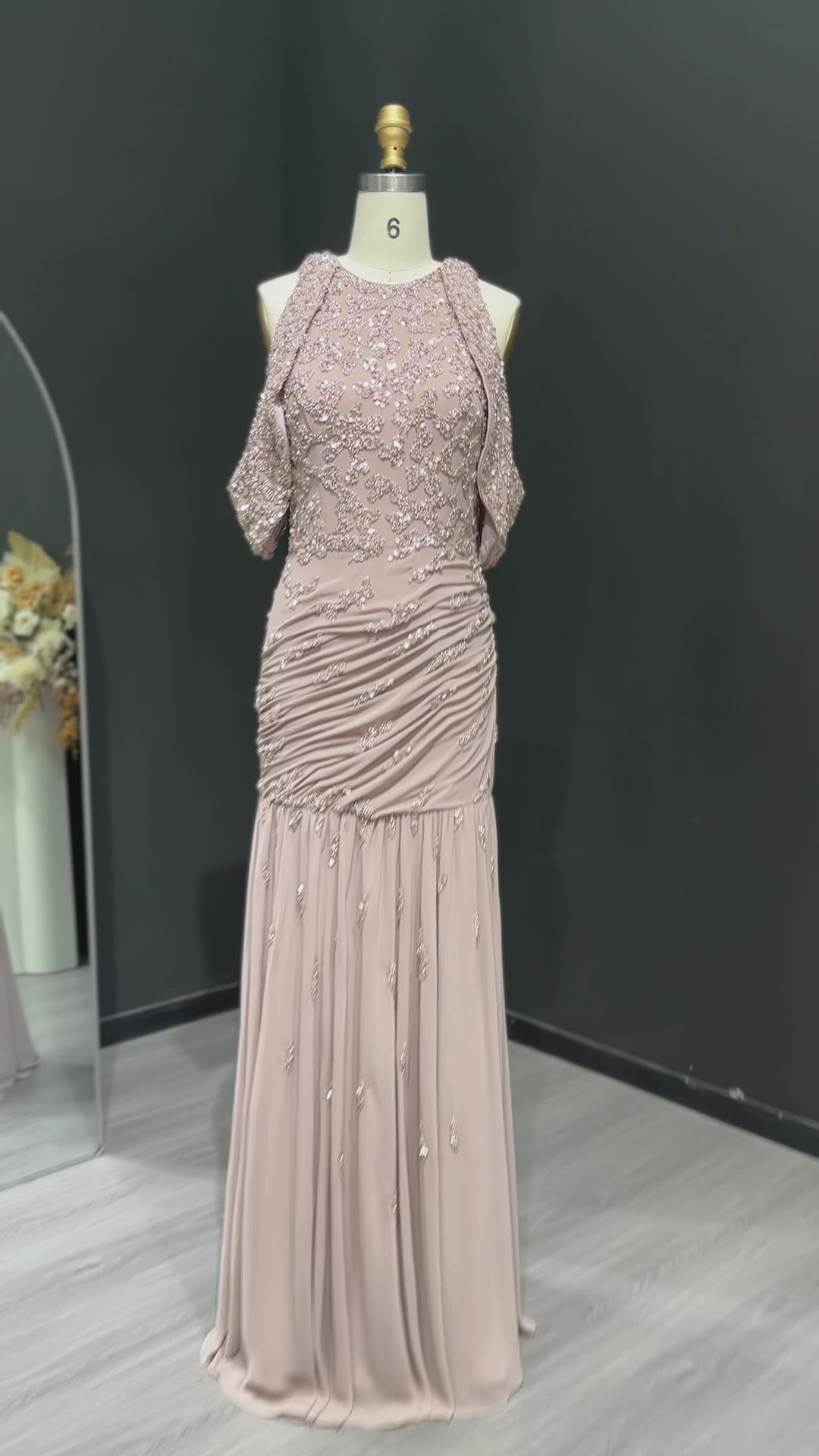 Luxury Beaded Mauve Snap Sleeves Evening Dress SS559-8