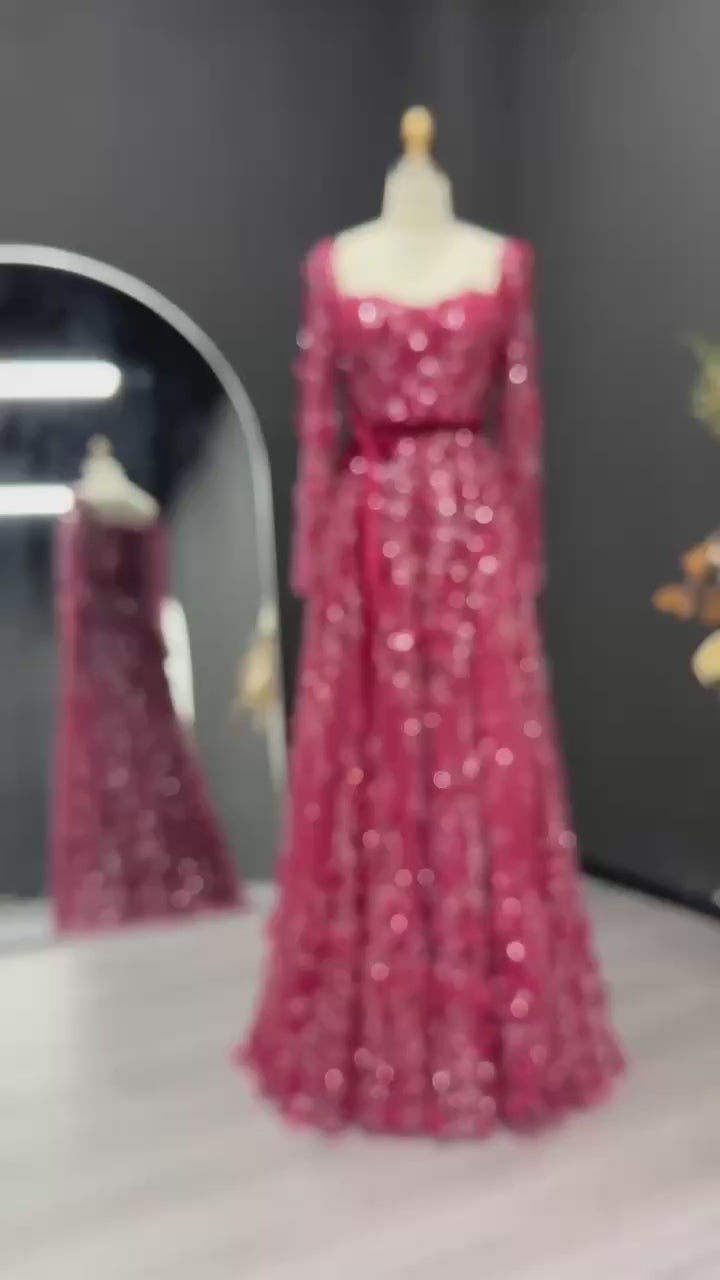 Gray 3D Flower Long Sleeves Evening Dress SS353-9