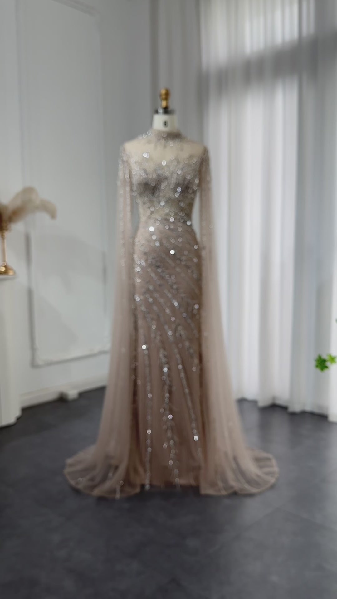 Nude High Neck Evening Dress Cape Sleeves SS162