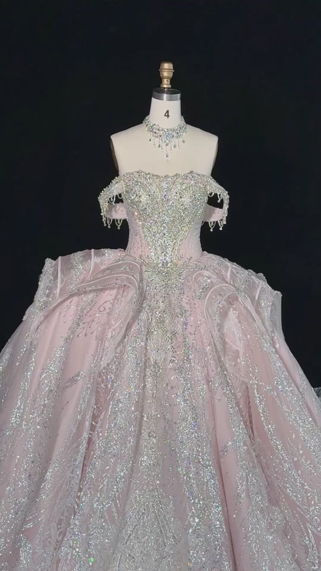 Pink Off Shoulder Crystal Ball Gown Wedding Dress SW609-31
