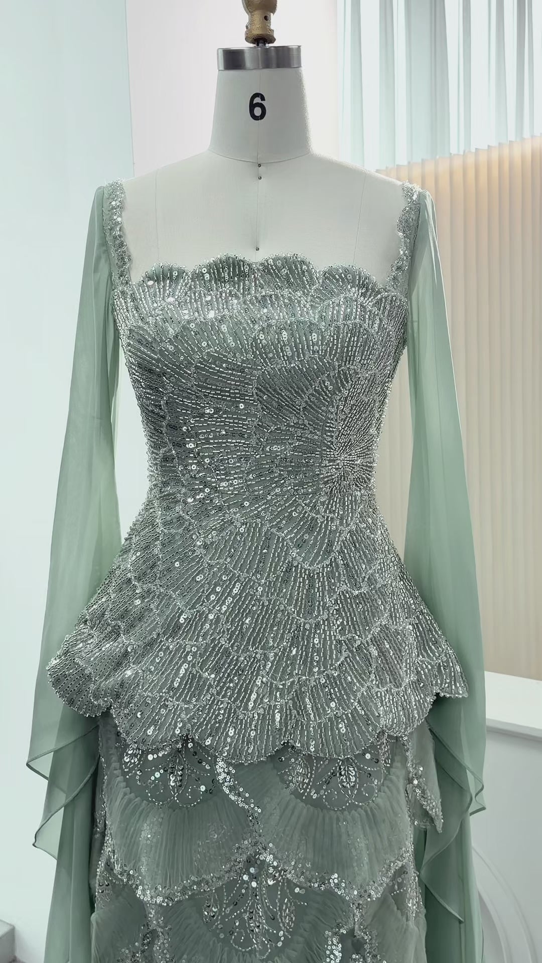Sage Green Beaded Long Sleeve Evening Gown-15