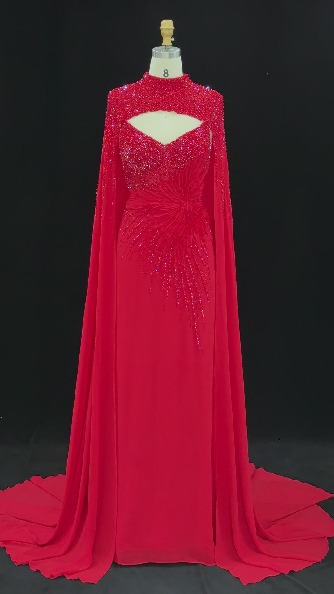 Navy Blue Cape Sleeve Beaded Formal Evening Dress SS074-18
