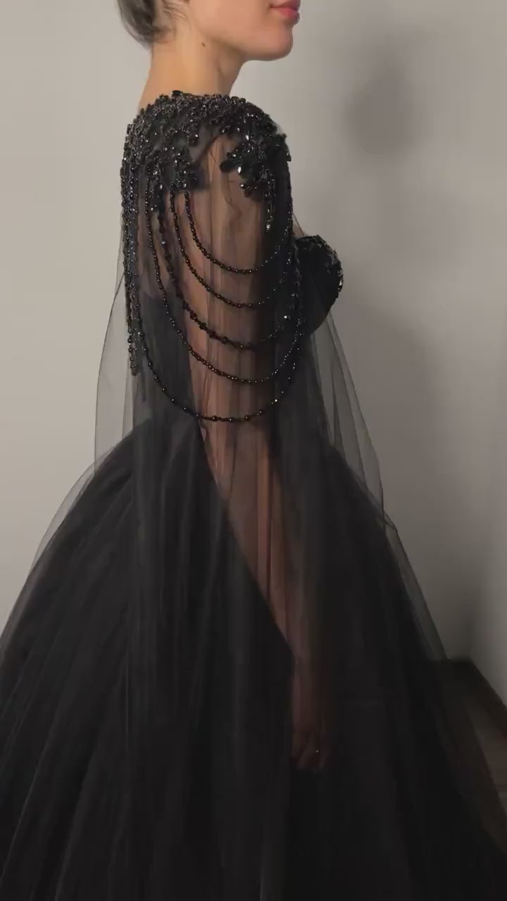 Black Gothic Beaded Tulle Ball Gown Dress SW564-8
