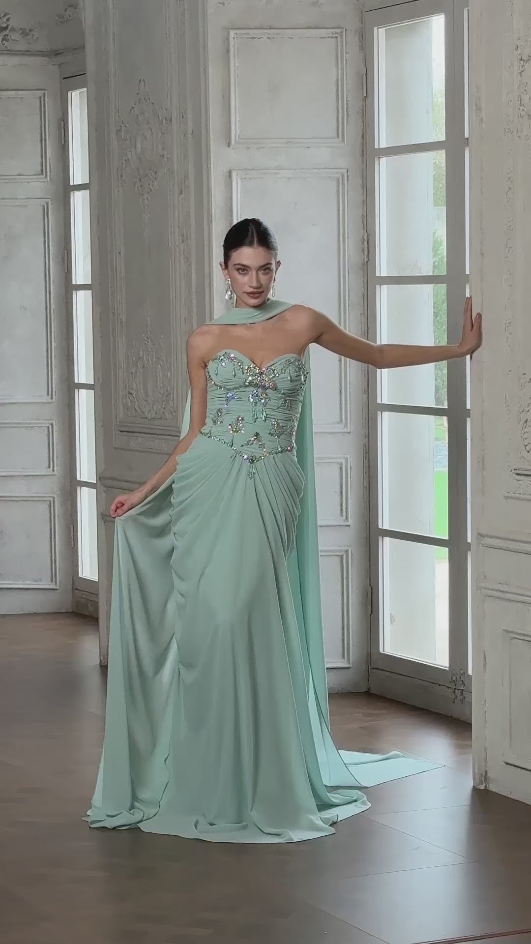 Aqua Beaded Evening Dress with Cape-10