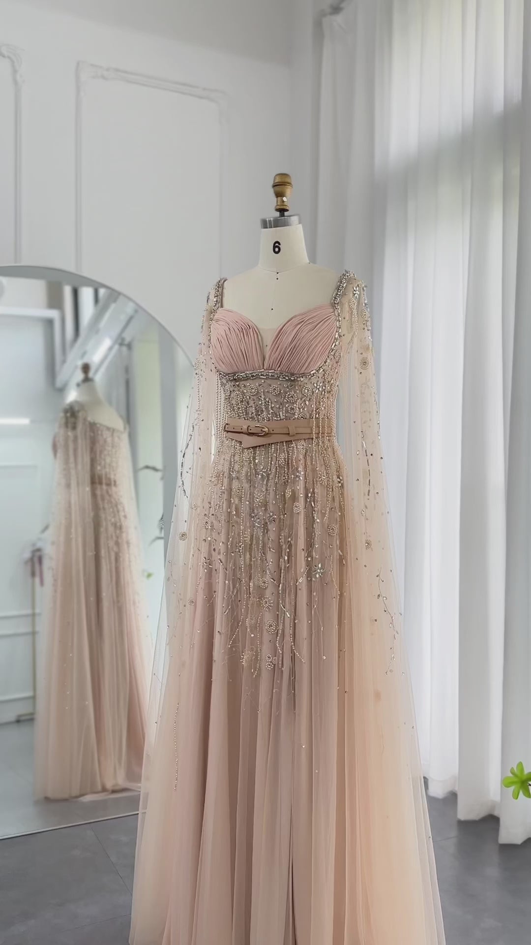 Champagne Tassel Slit Evening Dress with Cape Sleeves SS376-10