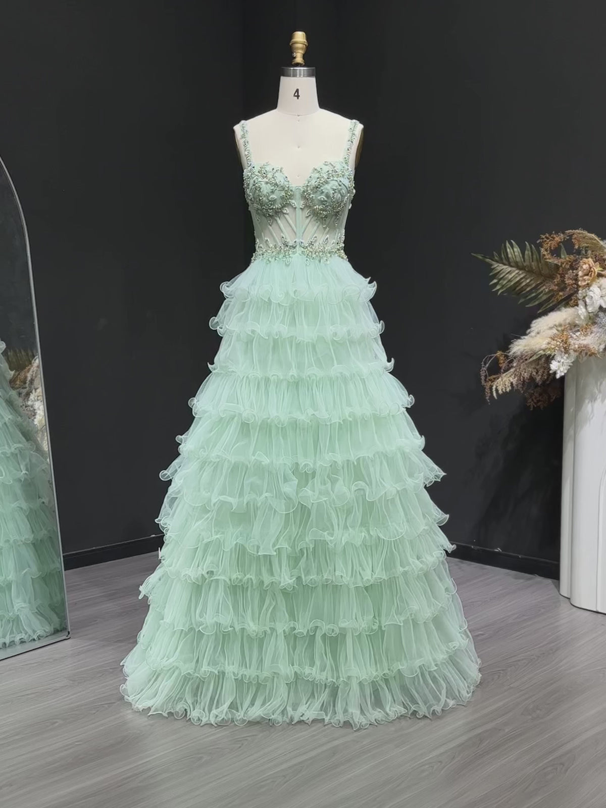 Sage Green Crystal Tiered Prom Dress SH054-10