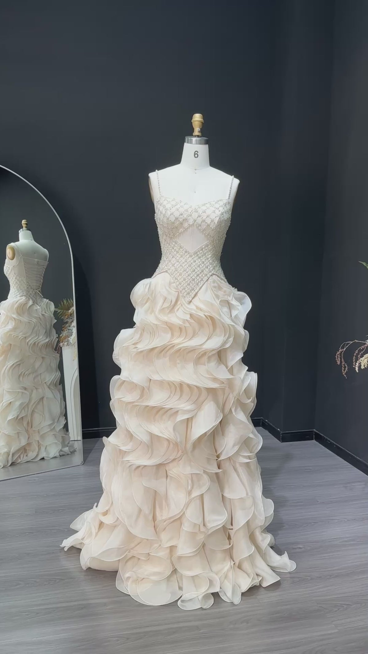 Beige Beaded Ruffled Skirt Evening Dress SS257-14