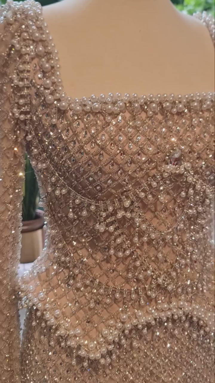 Champagne Crystal Long Sleeve Evening Dress SS633-19