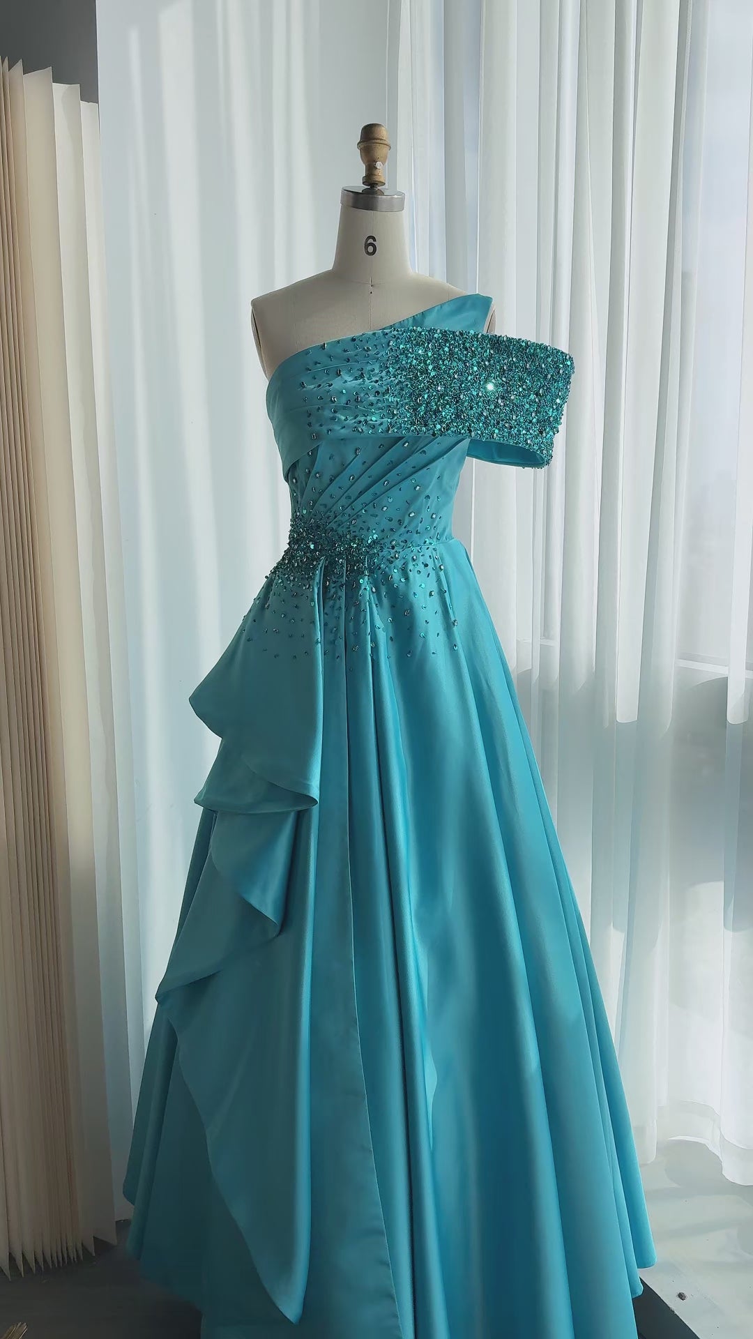 Blue One Shoulder Sequins Satin Evening Gown XD043-12