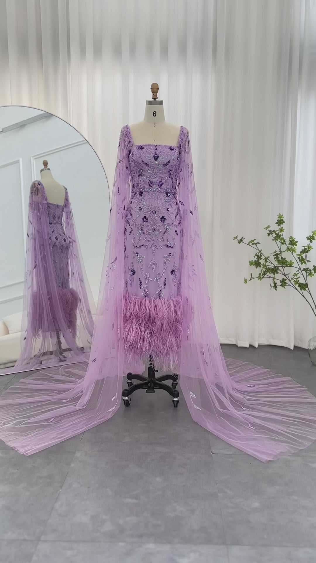 Luxury Feathers Lilac Evening Dress with Cape Sleeves SS381-2