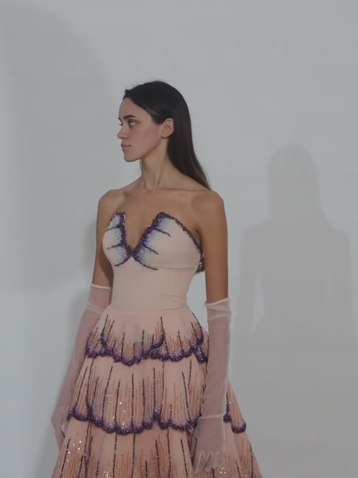 Purple Beaded Sequin Strapless Evening Dress SS657-9