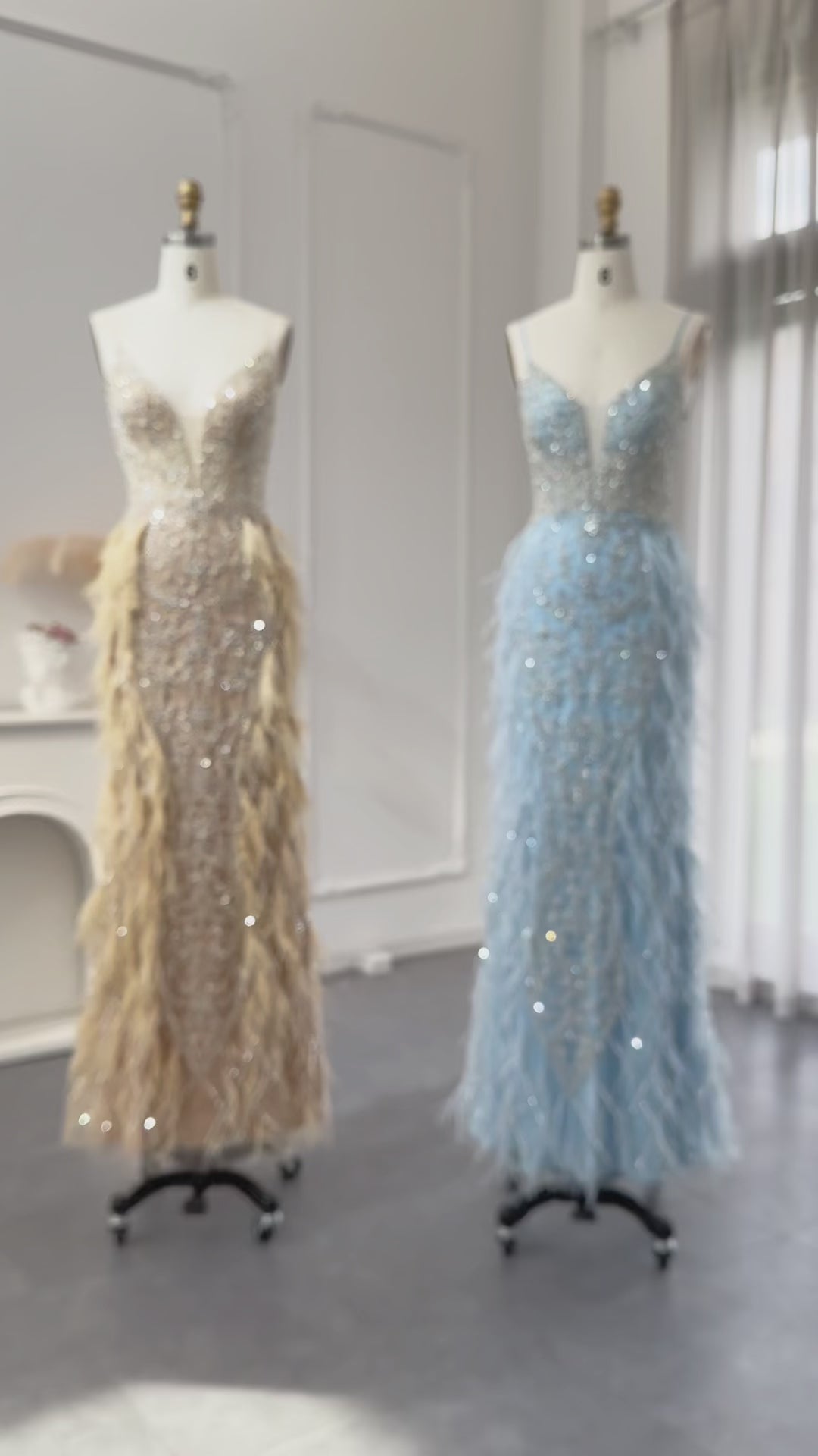 Luxury Feathers Champagne Spaghetti Evening Dress SS374