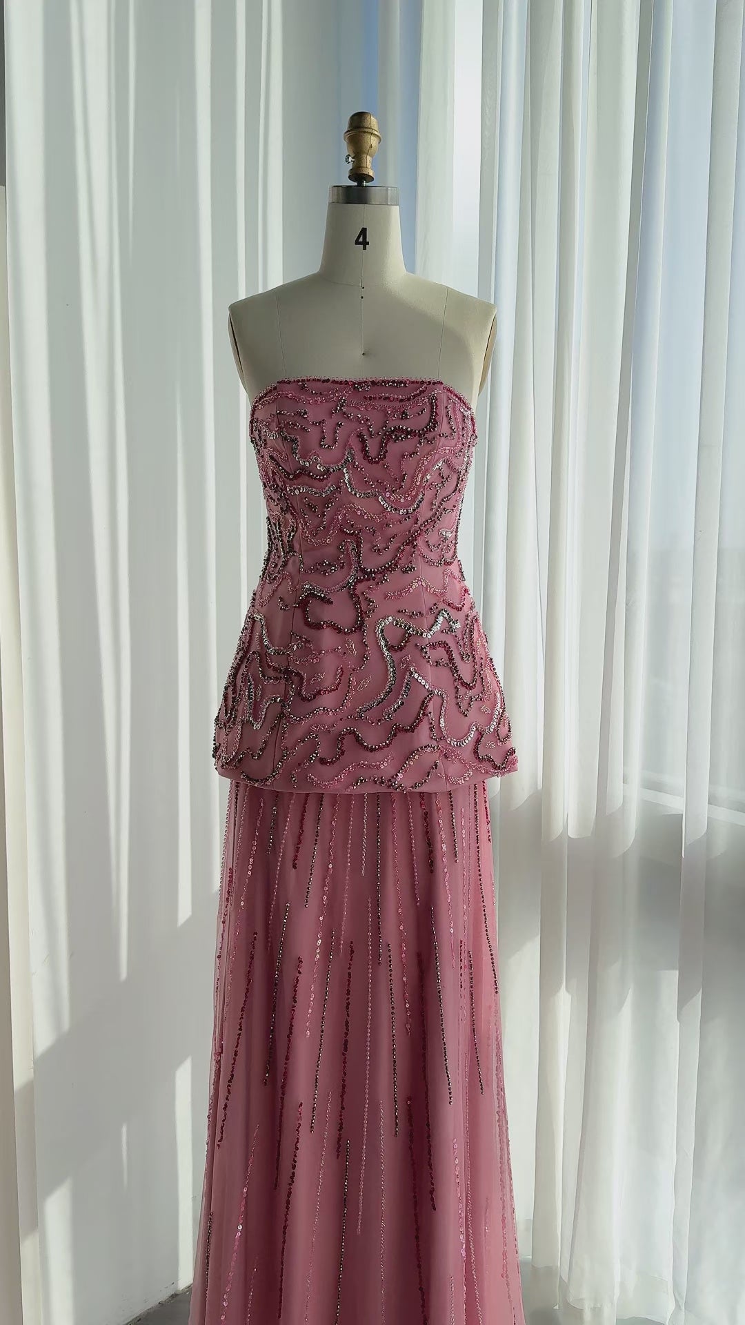 Rose Pink Crystal Sequin Two Piece Evening Dress SS218-12