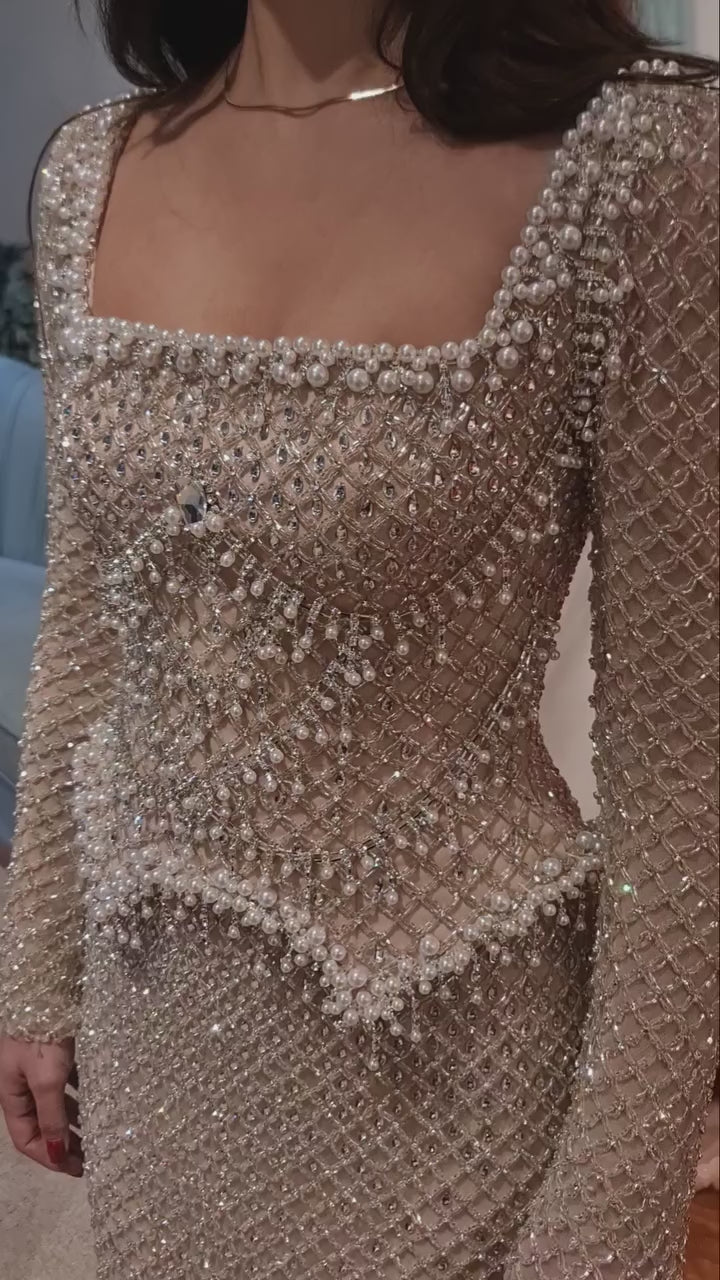 Champagne Crystal Long Sleeve Evening Dress SS633-18