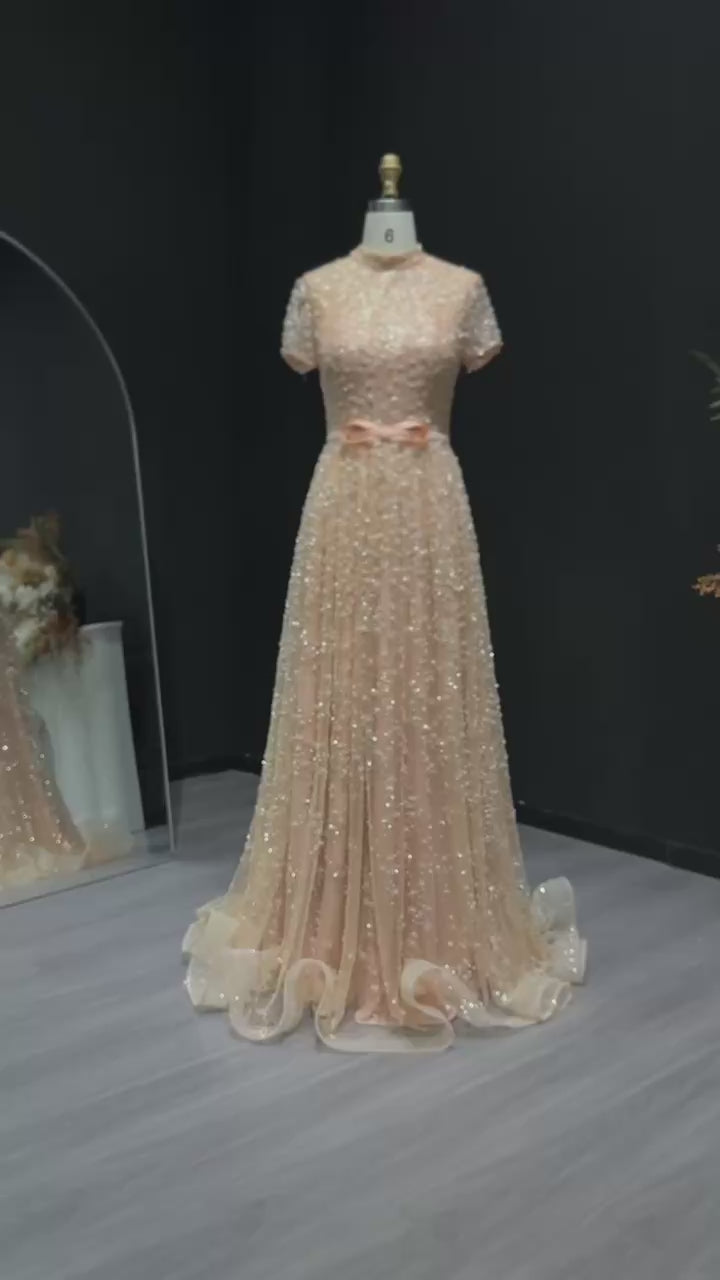 Luxury Peach Beaded Evening Dress with 3D flowers SS304-9