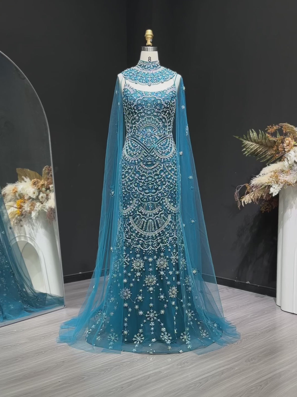 Luxury Teal Beaded Halter Neck Cape Mermaid Evening Dress SS028-11