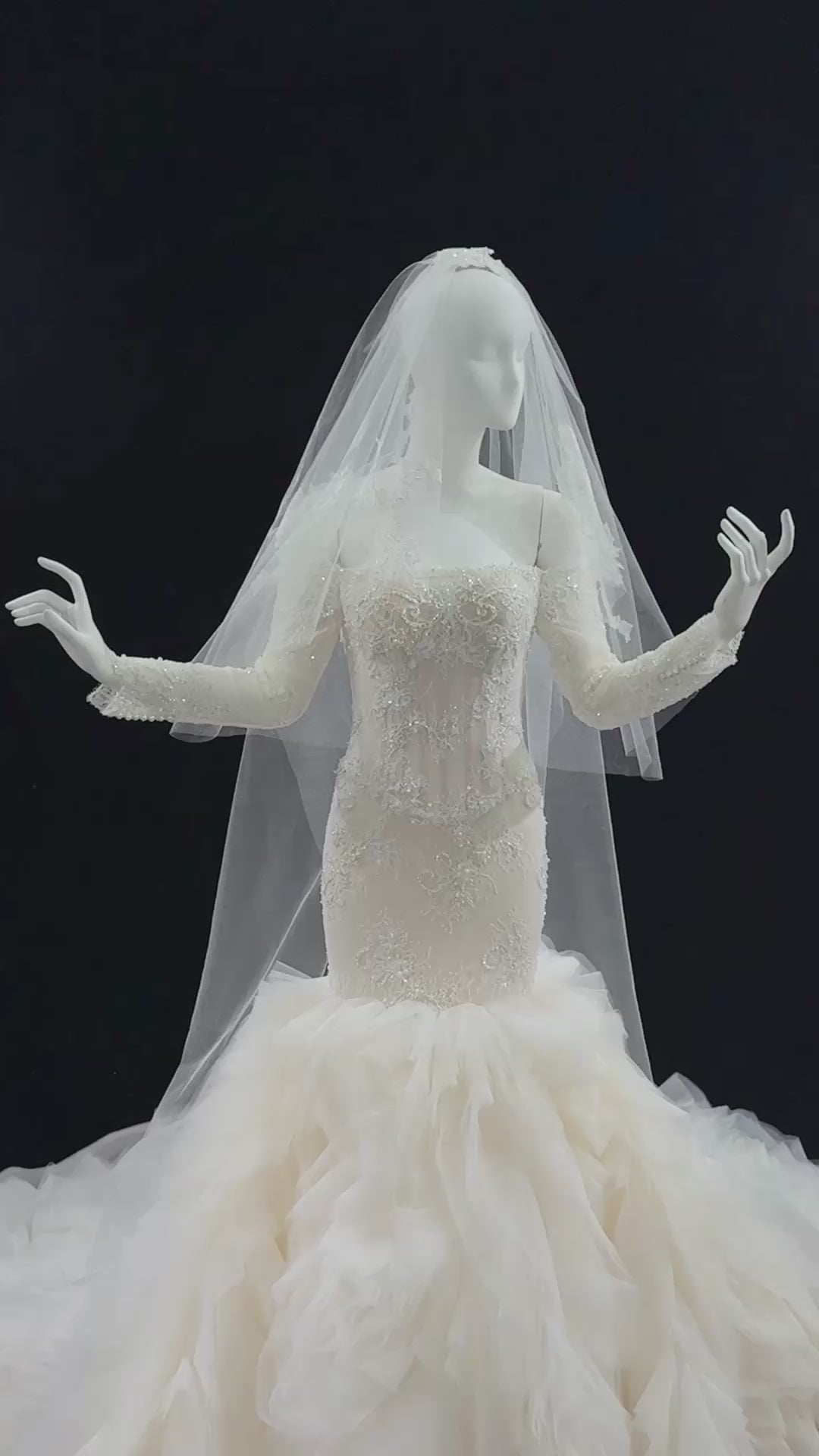 Off White Long Sleeve Lace Mermaid Wedding Dress-10