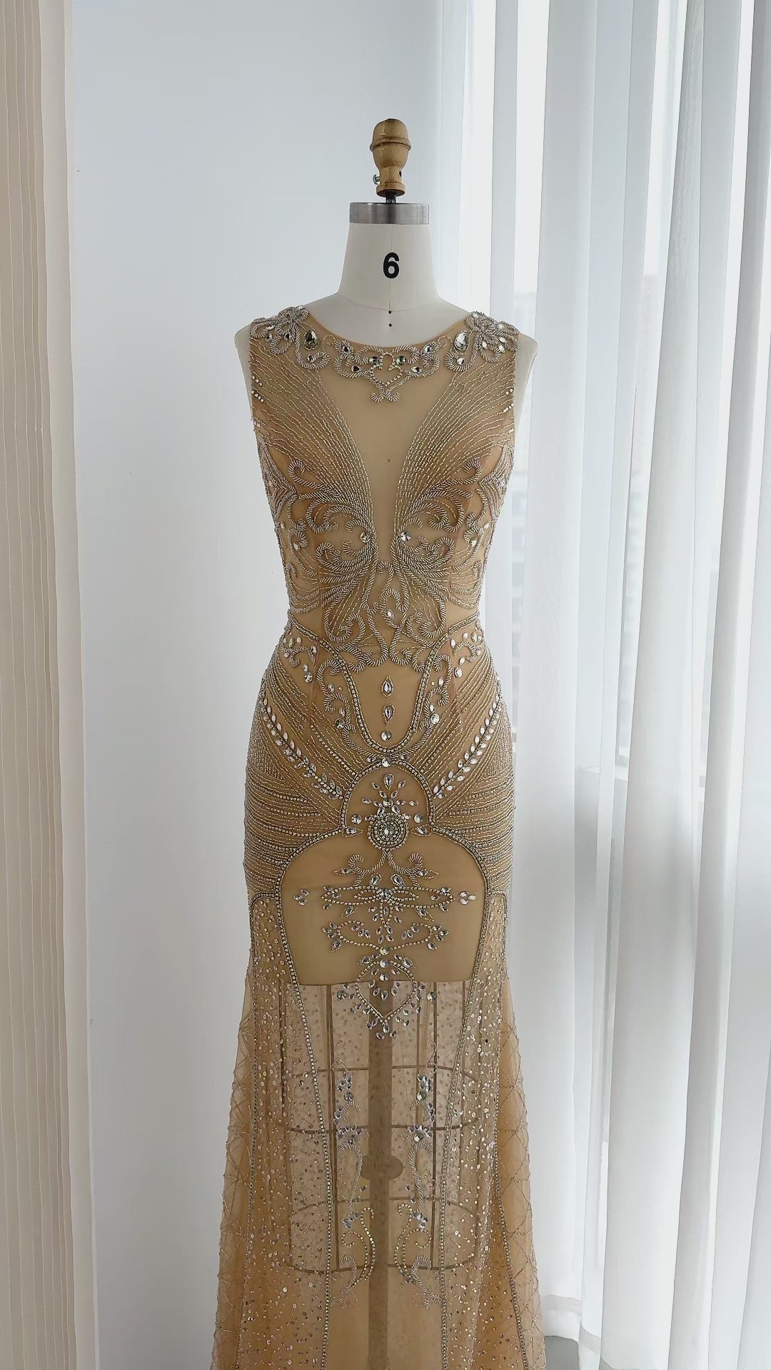Nude Beaded Mesh Sheath Evening Dress SH026-10