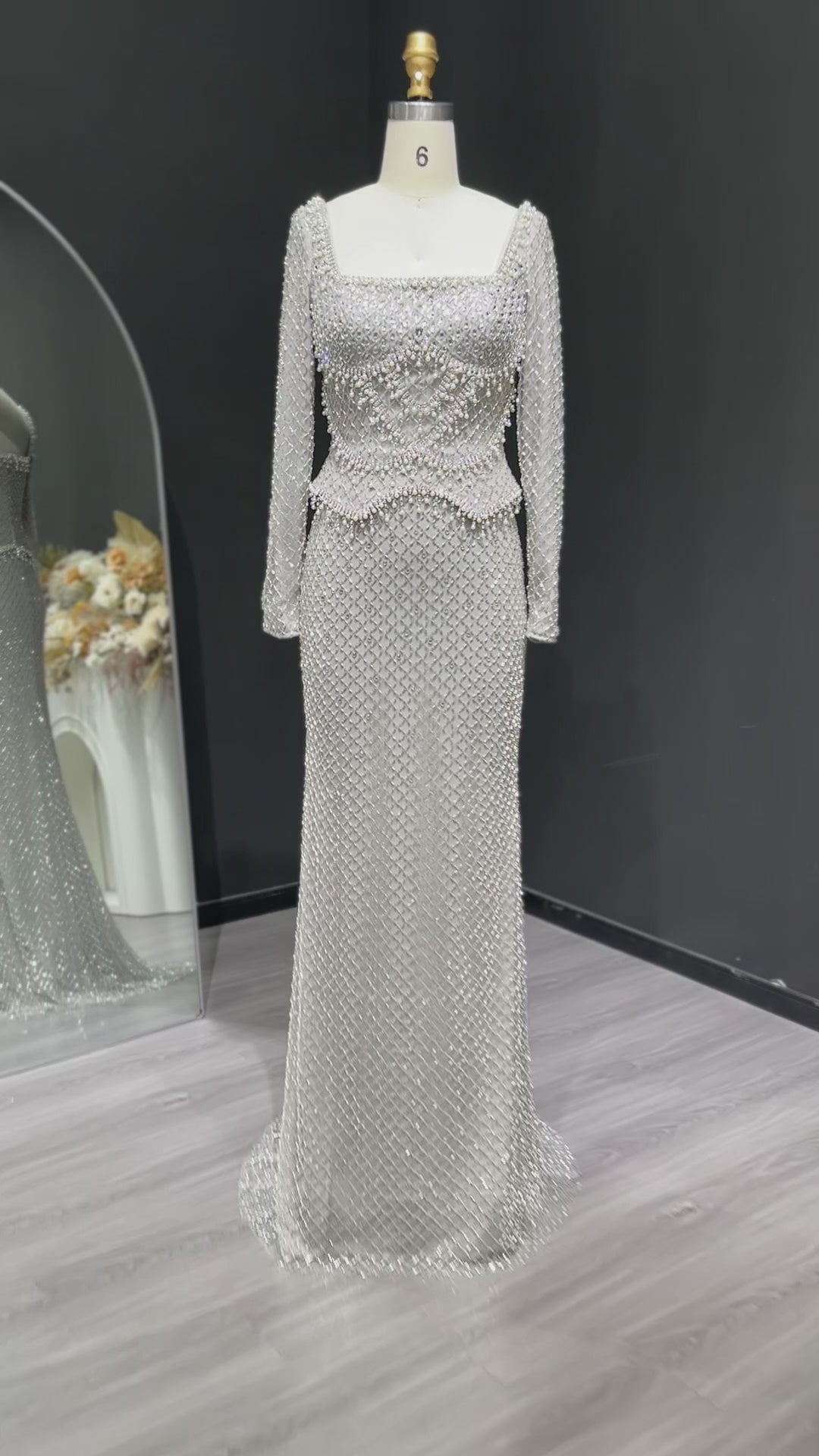 Champagne Crystal Long Sleeve Evening Dress SS633-8