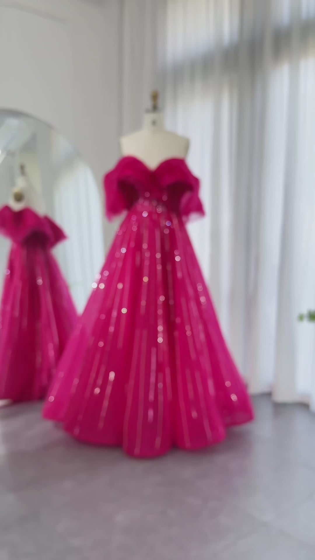 Luxury Off Shoulder Ball Gown Fuchsia Evening Dress SS390