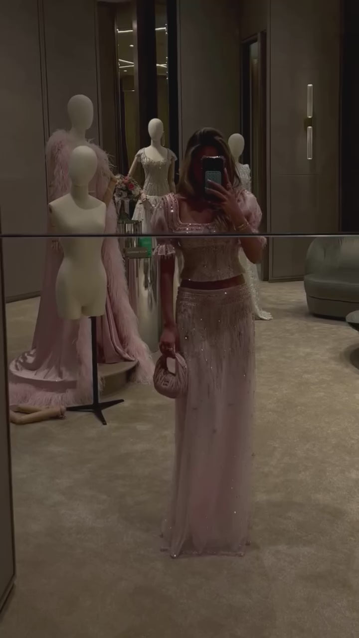 Pink Sequin Puff Sleeve Two Piece Evening Dress SS548-13
