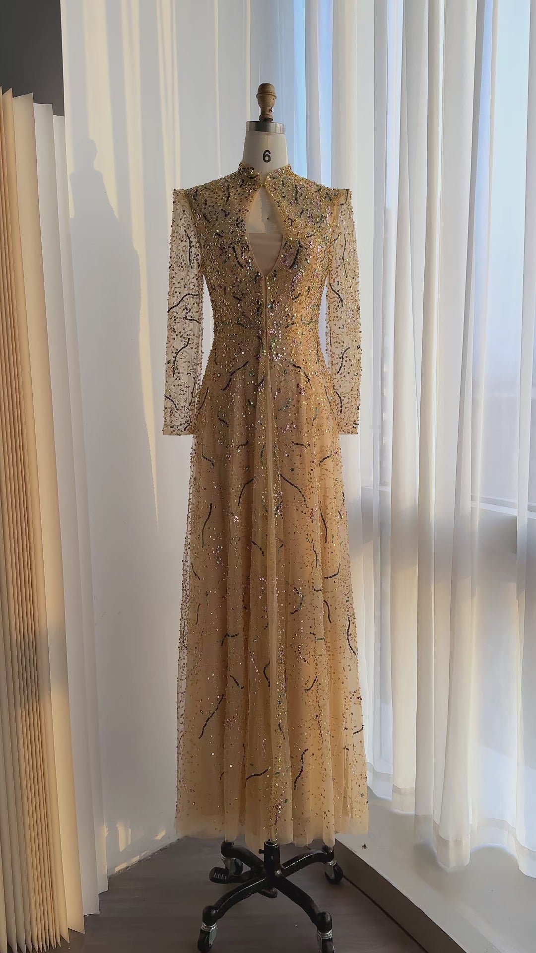 Gold Long Sleeve Sheer Evening Gown XD020-10
